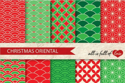 Christmas Digital Paper Oriental Graphics Red and Green