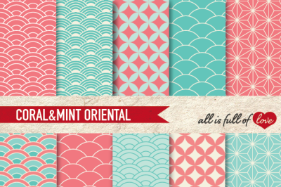 Coral and Mint Digital Paper Oriental Graphics Wedding Papers
