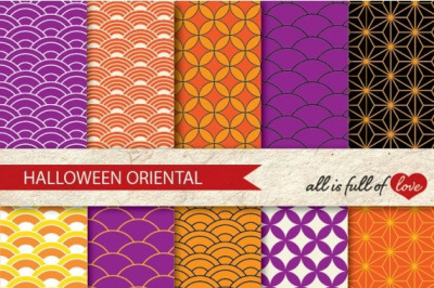 Halloween Digital Paper Oriental Graphics Purple Black Orange Yellow