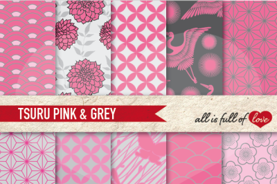 Japan Digital Paper Pink Grey Background Patterns Tsuru