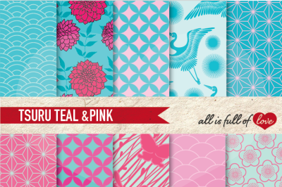 Japanese Digital Paper Pink Teal Blue Background Patterns Tsuru