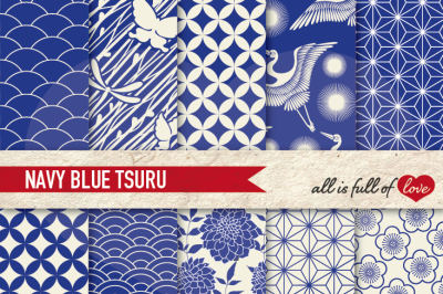 Japan Digital Paper Navy Blue Background Patterns Tsuru