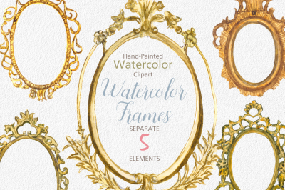 ON SALE, Hand Painted Golden Watercolor Frames Clipart - Watercolor Frames Clip Art, Frames Clipart