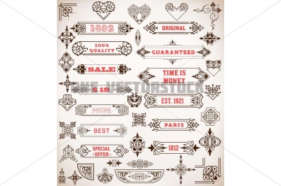 Set of calligraphic design elements: Labels, banners, baroque frames and floral ornaments collection