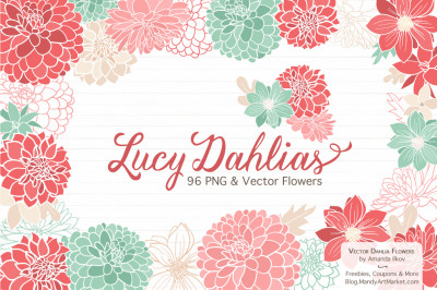 Lucy Floral Dahlias Clipart in Mint & Coral 