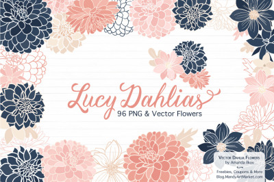 Lucy Floral Dahlias Clipart in Navy &amp; Blush