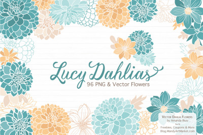Lucy Floral Dahlias Clipart in Vintage Blue