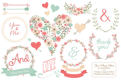 Clara Vintage Floral Wedding Heart Clipart in Mint &amp; Coral 