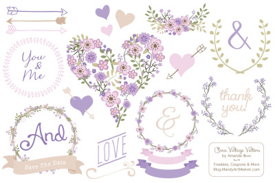 Clara Vintage Floral Wedding Heart Clipart in Lavender