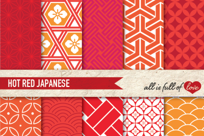 Red and Orange Japanese Patterns Pack Oriental Digital Paper pack