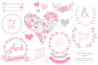 Clara Vintage Floral Wedding Heart Clipart in Pink & Grey