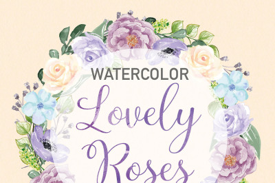Watercolor Rose Anemone wreath clipart, Peach watercolor flower, Purple Floral Clipart, Leaf clipart, Wedding Clip Art, wedding invitation