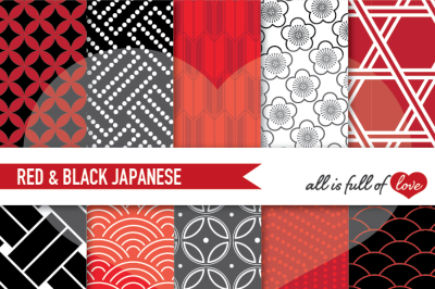 Japanese Pattern Sheets Red Black Digital Paper Pack
