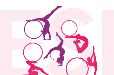 Gymnast Silhouettes with Circle for a Monogram - SVG, DXF, PNG, EPS cutting files.