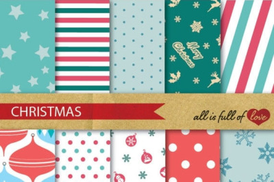 Christmas Digital Paper Pack Xmas Backgrounds Red Turquoise
