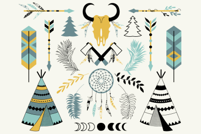 Tribal clip art, skull, feathers