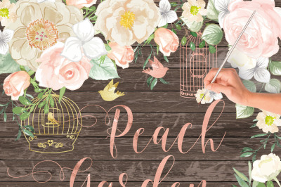 Vector Watercolor Rose Peach Garden clipart, watercolor flower, PinkPeach Floral Clipart, Leaf clipart, Wedding Clip Art, wedding invitation