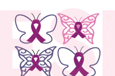 Awareness Ribbons with Butterfly - SVG, DXF, EPS - Cutting Files