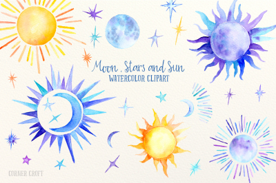 Watercolor Sun, moon and stars