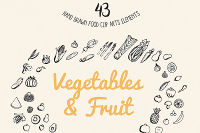 fruit and vegetables Clipart, Vector + PNG, commercial use, hand drawn fruit and vegetables kit,