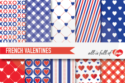 French Valentines Day Background Patterns Red & Blue Digital Paper Pack