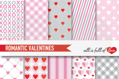 Romantic Valentines Background Patterns Grey & Pink Digital Paper Pack