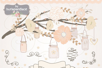 Wedding birds clipart flower, flower clipart, bridal clipart, wedding invitation, Mason Jars, peach, beige