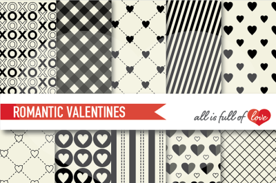 Classy Valentines Day Background Patterns Black & Cream Digital Paper Pack