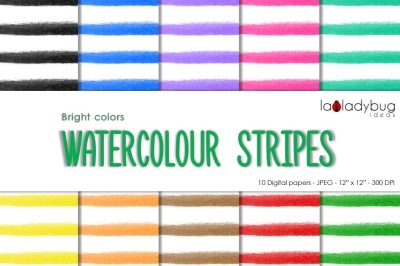 Watercolor Stripes digital paper. Bright colors and white background. 