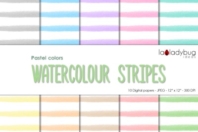 Watercolor Stripes digital paper. Pastel colors and white background.