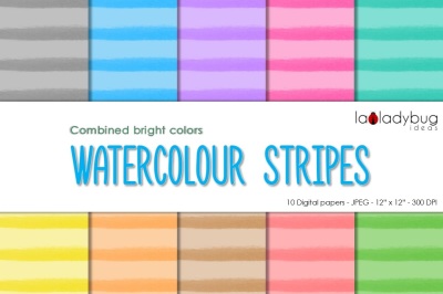 Watercolor Stripes digital paper. Combined bright colors.