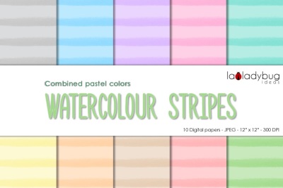 Watercolor Stripes digital paper. Combined pastel colors.
