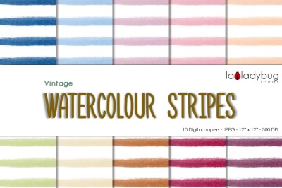 Watercolor Stripes digital paper. Vintage colors and white background.