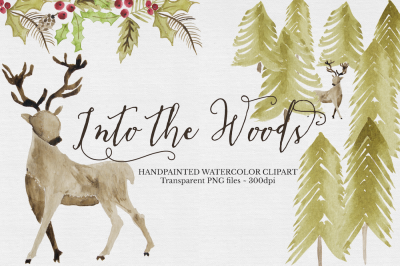 Watercolor Woodland Deer Clipart Set
