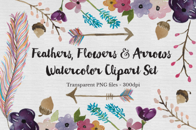 Watercolor Feather, Flowers & Arrows