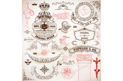 Retro design set, floral and heraldic details. Elements organized by layers.