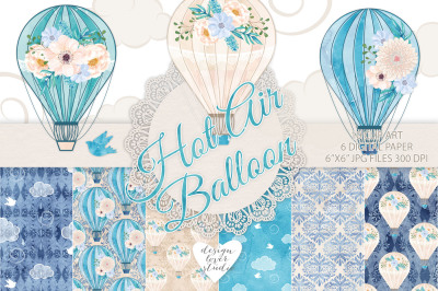Watercolor Hot Air balloon flowers digital paper, Balloon pattern, damask pattern, seamless pattern, Repeatable Digital Paper