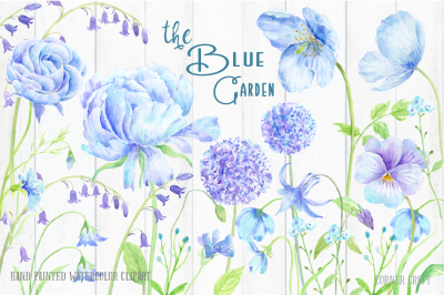 Watercolor Clip Art Blue Garden