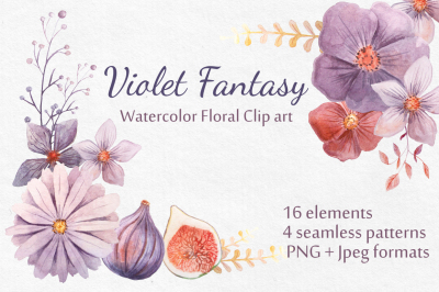 Watercolor Violet Floral Clipart