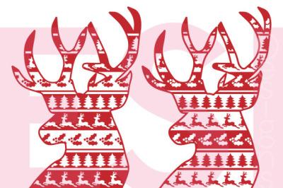 Christmas Deer Heads&2C; Ugly Sweater Style - SVG&2C; DXF&2C; EPS - Cutting files