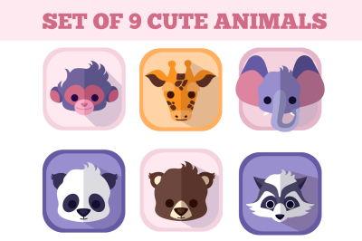 The set of nine cute baby animals