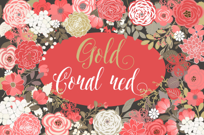 Coral red and Gold floral elements