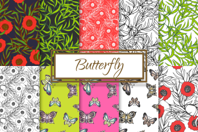 Hand drawn Butterflies and Poppies