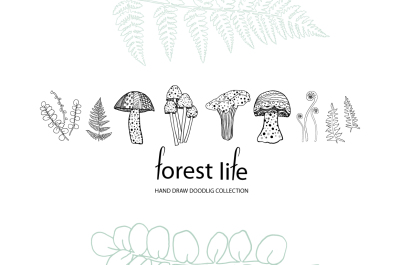 Forest Life. Doodle ferns and mushrooms