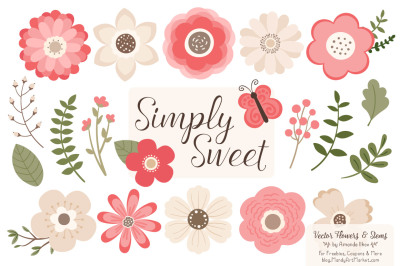 Simply Sweet Vector Flowers &amp; Stems Clipart in Coral