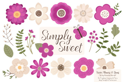 Simply Sweet Vector Flowers &amp; Stems Clipart in Fuchsia