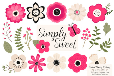 Simply Sweet Vector Flowers &amp; Stems Clipart in Hot Pink