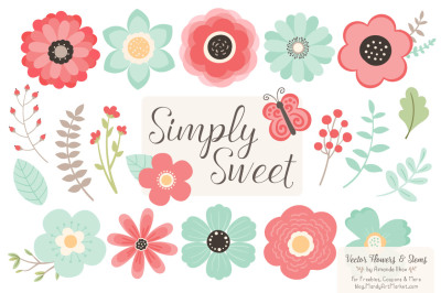 Simply Sweet Vector Flowers &amp; Stems Clipart in Mint &amp; Coral