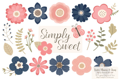 Simply Sweet Vector Flowers &amp; Stems Clipart in Navy &amp; Blush