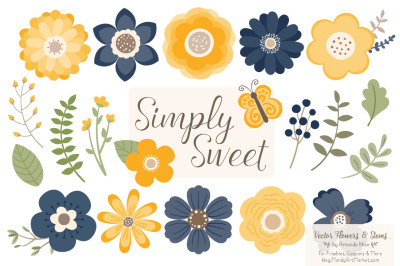 Simply Sweet Vector Flowers &amp; Stems Clipart in Navy &amp; Lemon